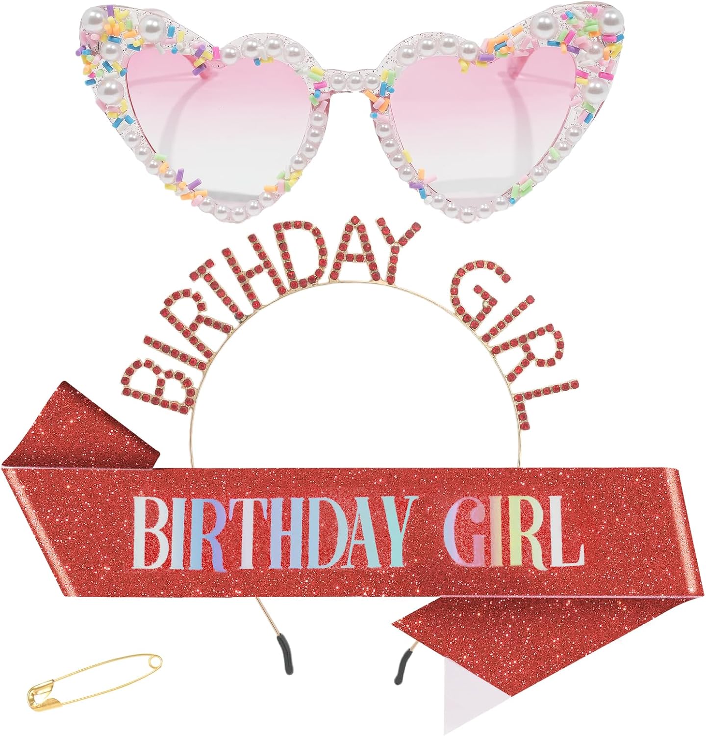 3Pcs Birthday Girl Sash Headband Set-Birthday Sash Tiara and Crown Sunglasses for Girls Women