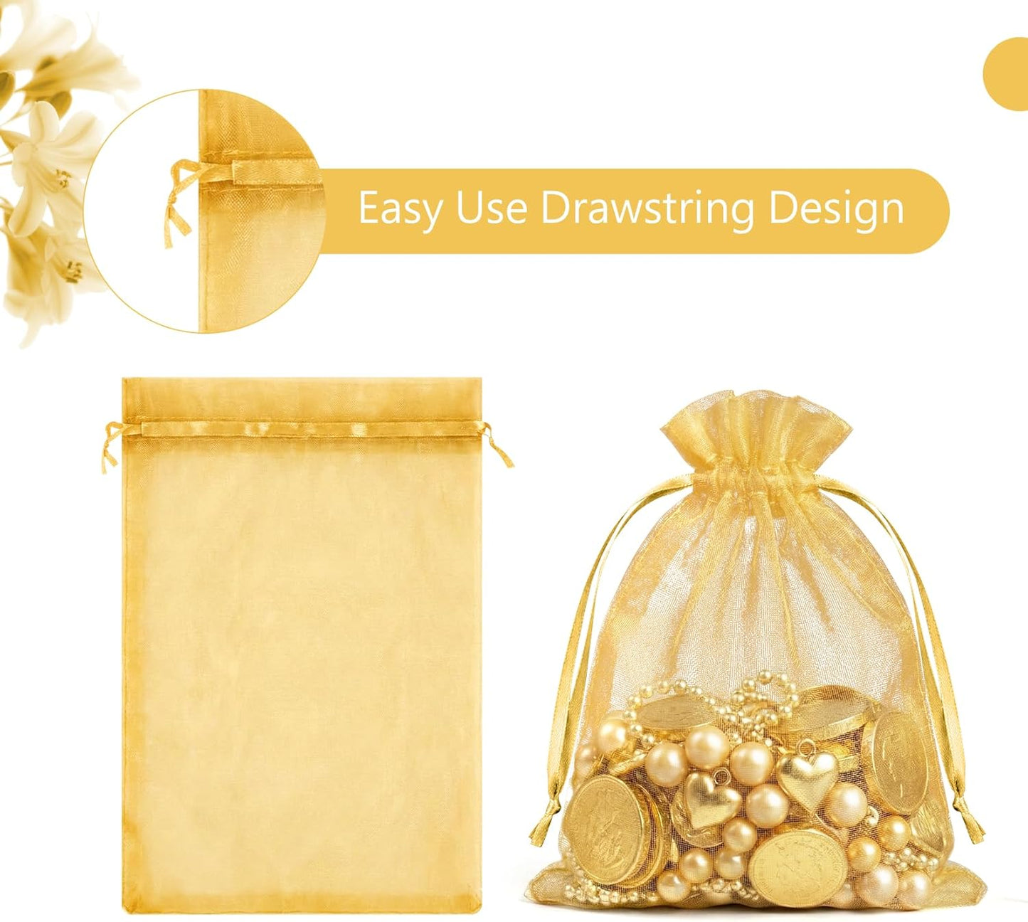 FUNFERY 100 Pcs White Organza Bags 3x4 in, Small Mesh Drawstring Gift Bags for Sachet, Jewelry, Wedding Favor, Candy Goodie Treat Bag,Easter Day