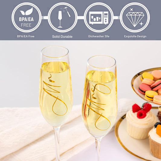 Wedding Cake Knife and Server Set, Mr and Mrs Champagne Flutes & Forks with Giftable Box, Cake Cutting Set for Wedding Engagement Bridal Shower Gifts (Silver)
