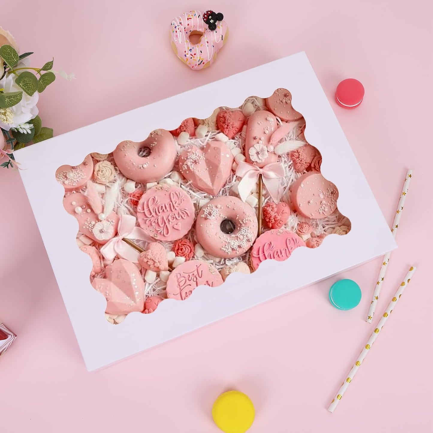 Moretoes 40pcs Cookie Boxes, 14x10x2.5 Inch Auto-Popup Bakery Boxes with Window, for Donuts, Pies, Cakes, Muffins, and Pastries