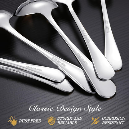 Mwellewm 17Pcs Serving Utensils, Gold Stainless Steel Serving Spoons, Slotted Spoon, Fork, Tongs, Cake Pie Server, Soup Spoon, Metal Buffet Banquet Cutlery Set for Parties Entertaining Catering