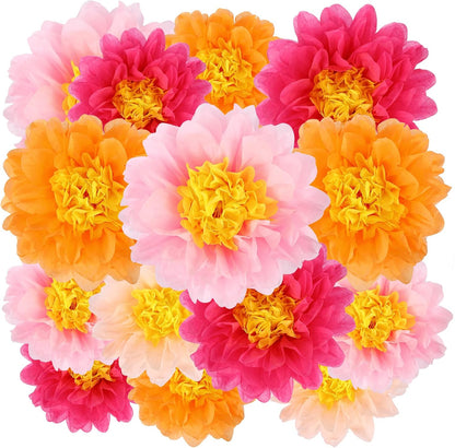 BestoFun 14 PCS Orange & Hot Pink Tissue Paper Flowers – Vibrant Party Decorations for Birthday, Baby Shower, Wedding, Fiesta, and Holiday Events