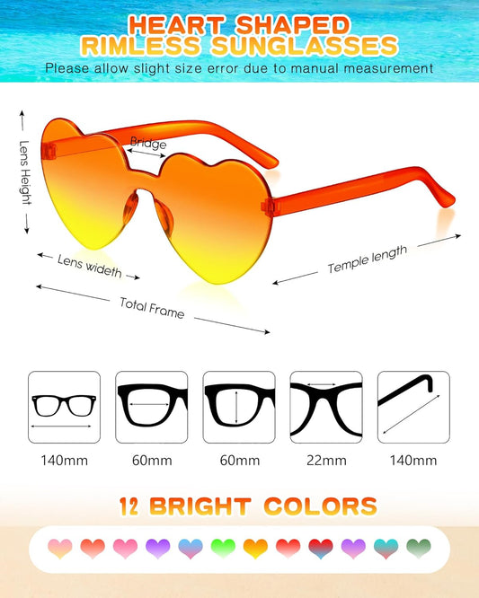Photect 12 Pair Heart Shaped Sunglasses Neon Color Transparent Heart Glasses for Women Party Favor