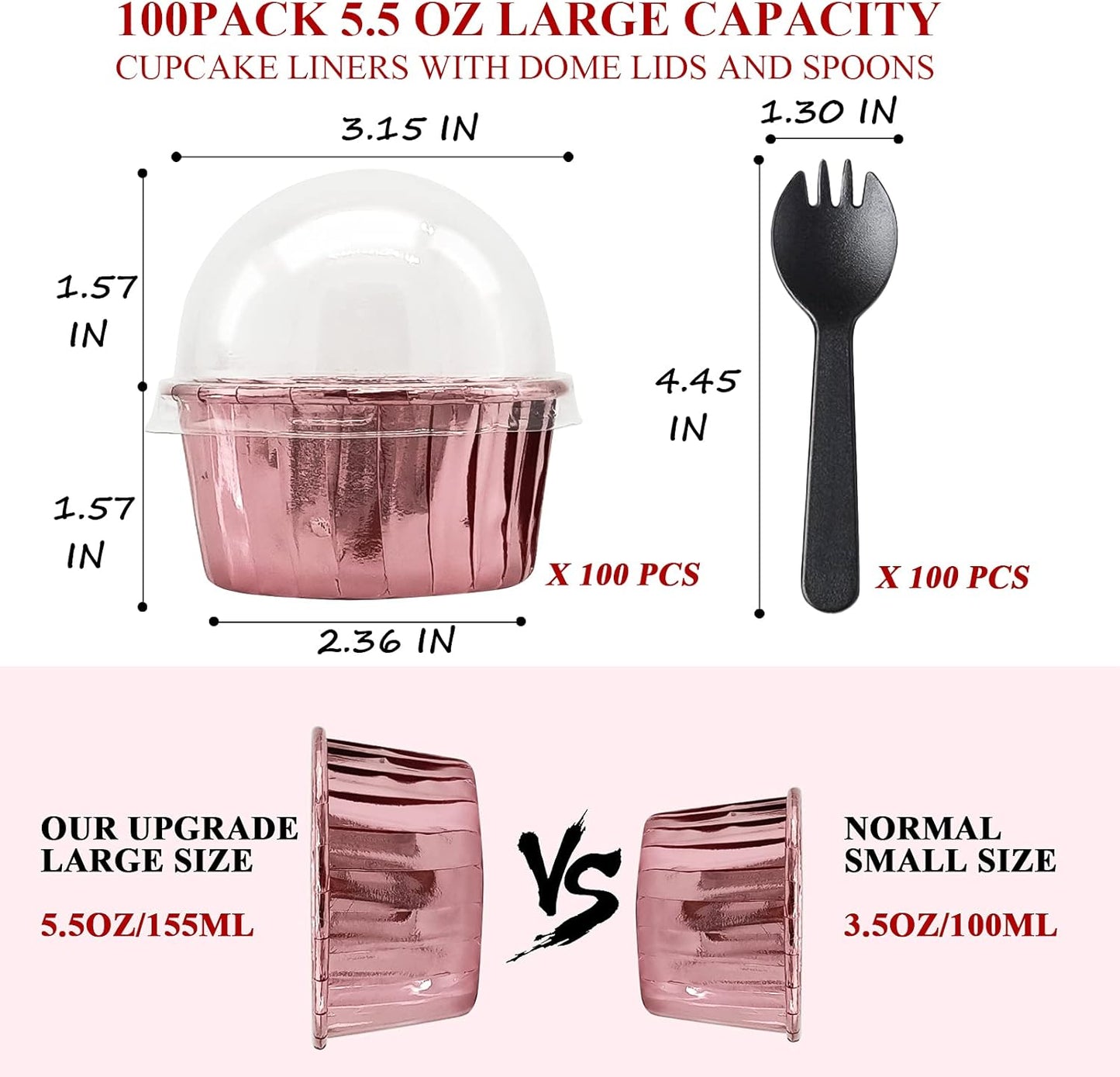 Cupcake Liners with Lids 50 Pack,LNYZQUS 5oz Large Foil Cupcake Cups Muffin Tins,Disposable Baking Cups Muffin Liners Wrappers Holders for Wedding Valentine-Pink in gold
