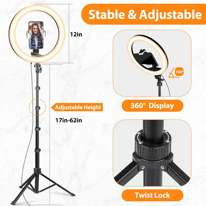UBeesize 12'' LED Ring Light with 62'' Tripod Stand, Selfie Ring Light for Video Recording, Live Streaming, TikTok & YouTube, Compatible with iPhone & Android (Black)