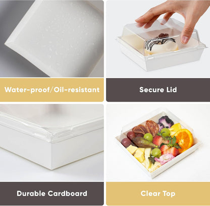 Leafiew 50 Pack Small Charcuterie Boxes with Clear Lids - To Go Paper Mini Charcuterie Box, Disposable Food Containers, 5Inch Dessert Boxes - Sandwich, Cookie, Sushi, Cake Slice, Strawberries (Brown)