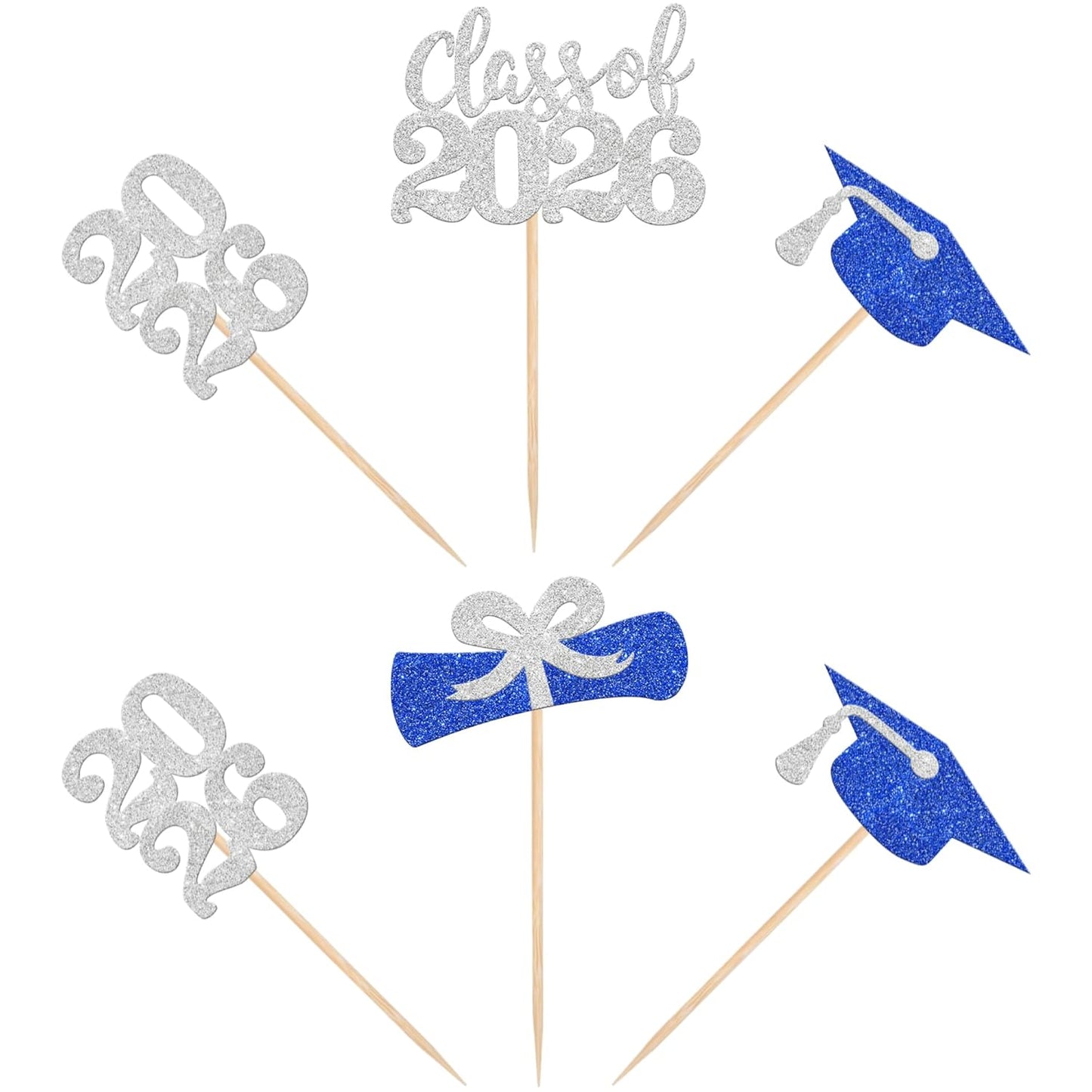 36 PCS 2026 Graduation Theme Cupcake Toppers Glitter Class of 2026 Grad Cap Diploma Cupcake Picks 2026 Graduation Theme Party Cake Decorations Supplies Deep Blue