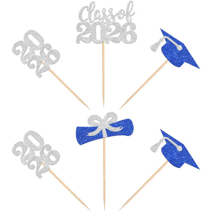 36 PCS 2026 Graduation Theme Cupcake Toppers Glitter Class of 2026 Grad Cap Diploma Cupcake Picks 2026 Graduation Theme Party Cake Decorations Supplies Deep Blue