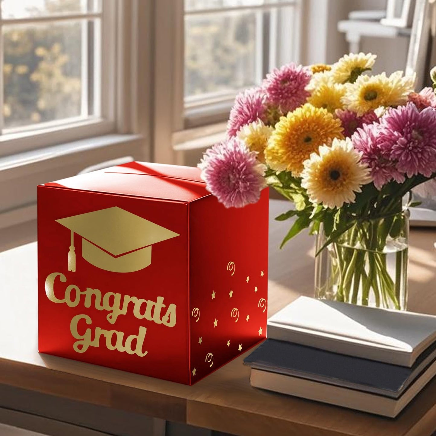 Graduation Card Box Holder, Congrats Grad Foldable Cardboard Decorations Box for Graduation Party Decoration and Grad Parties (Black)