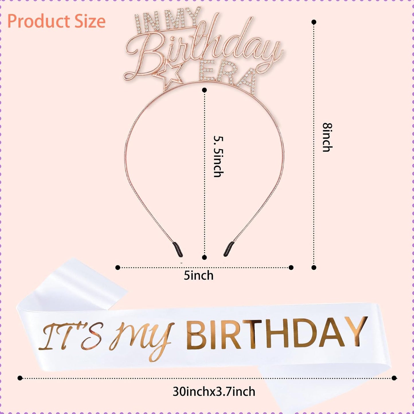 Birthday Sash and Tiara for Women – In My Birthday Era Rose Gold Rhinestone Headband, It’s My Bday Satin Sash, Classy Birthday Outfit Accessories
