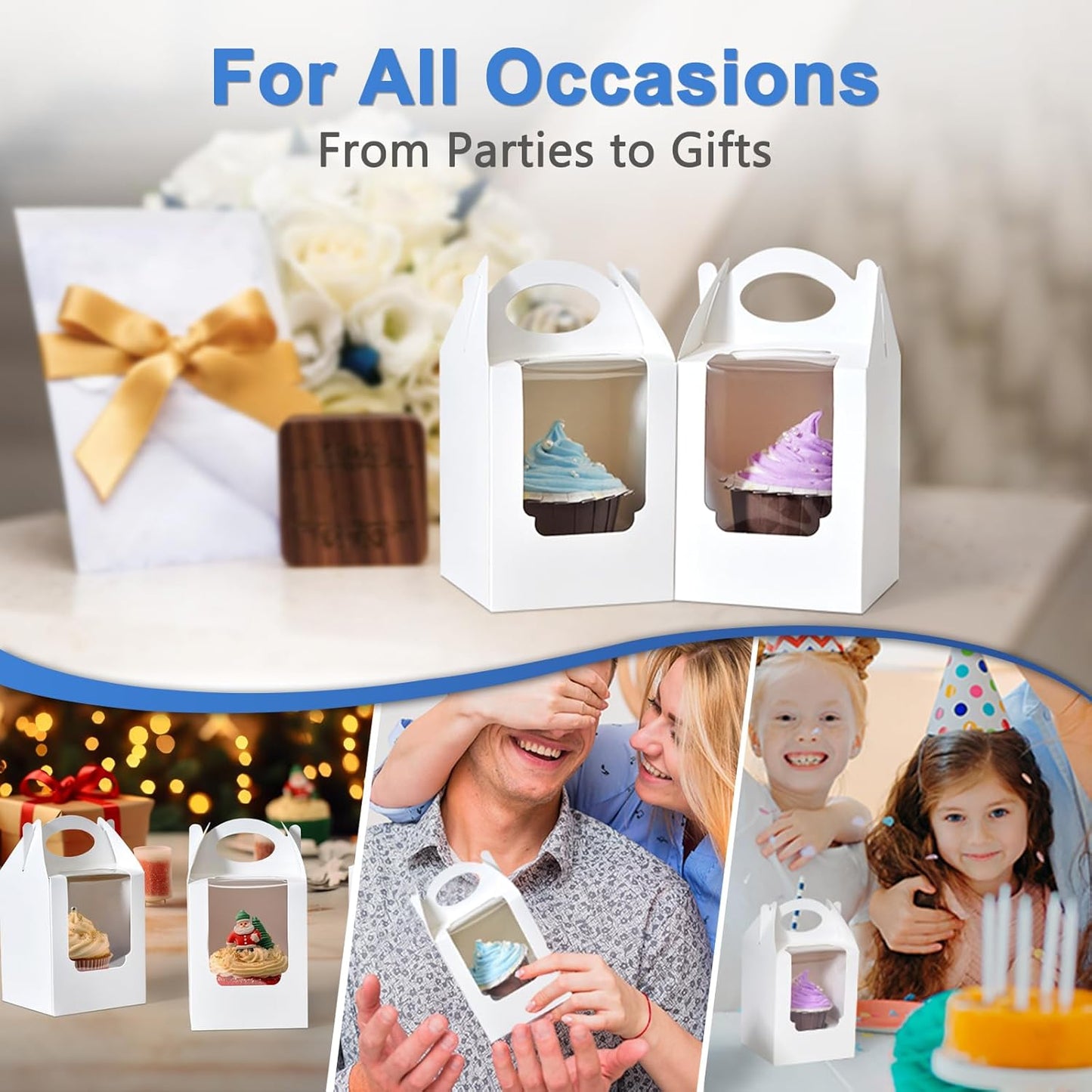 Cupcake Boxes 50 pcs, Individual Cupcake Containers Brown with Window Insert and Handle, Pastry Box Single Muffins Holder Disposable for Bakery Wrapping Party Favor Packaging