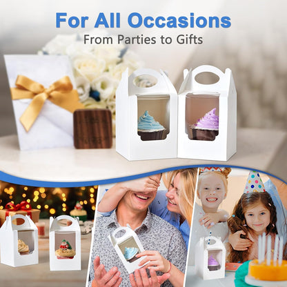 Cupcake Boxes 50 pcs, Individual Cupcake Containers Brown with Window Insert and Handle, Pastry Box Single Muffins Holder Disposable for Bakery Wrapping Party Favor Packaging