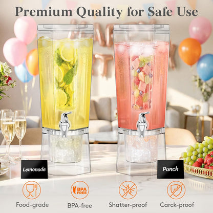 Lifewit 1 Gallon Drink Dispenser for Parties 2 Pcs, Plastic Beverage Container for Juice/Tea/Soda with Stand & Ice Core, Clear Lemonade Dispenser with Spigot, BPA Free Water Pitcher 39 x 16 cm/15x6"