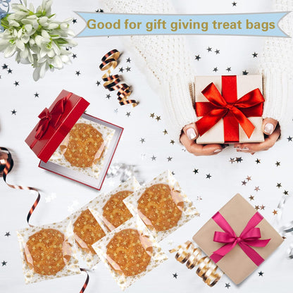 100 Pcs Star Printed 5"X 7" Gift Wrap Cello Cellophane Treat Bags Party Favor bags Clear Candy Cookie Bag Plastic Poly Goodie Storage Bag with Twist Ties for Bakery,Birthday, Wedding ,Party Decorations (Gold)