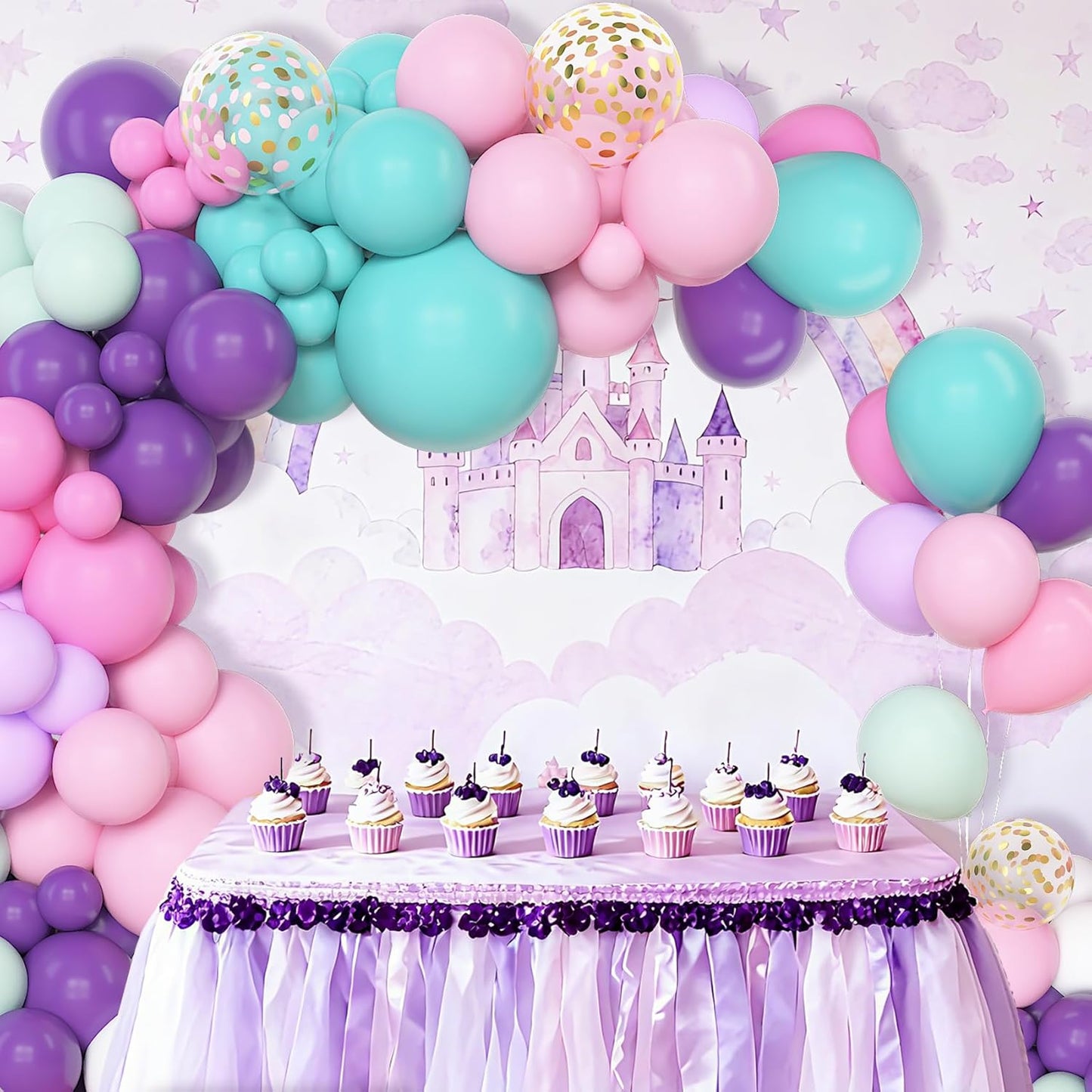 Amandir 153pcs Purple Blue Pink Balloon Garland Arch Kit, Different Sizes 18 12 10 5 inch Teal Yellow Latex Metallic Confetti Balloons for Magic Birthday Engagement Party Decoration