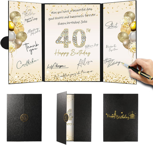 Birthday Party Decorations, Signing Card Board with Magnetic Closure, Happy Birthday Signature Book Keepsake Memory Signing Guest Book for Men and Women Cheers (Black and Gold, 70th)