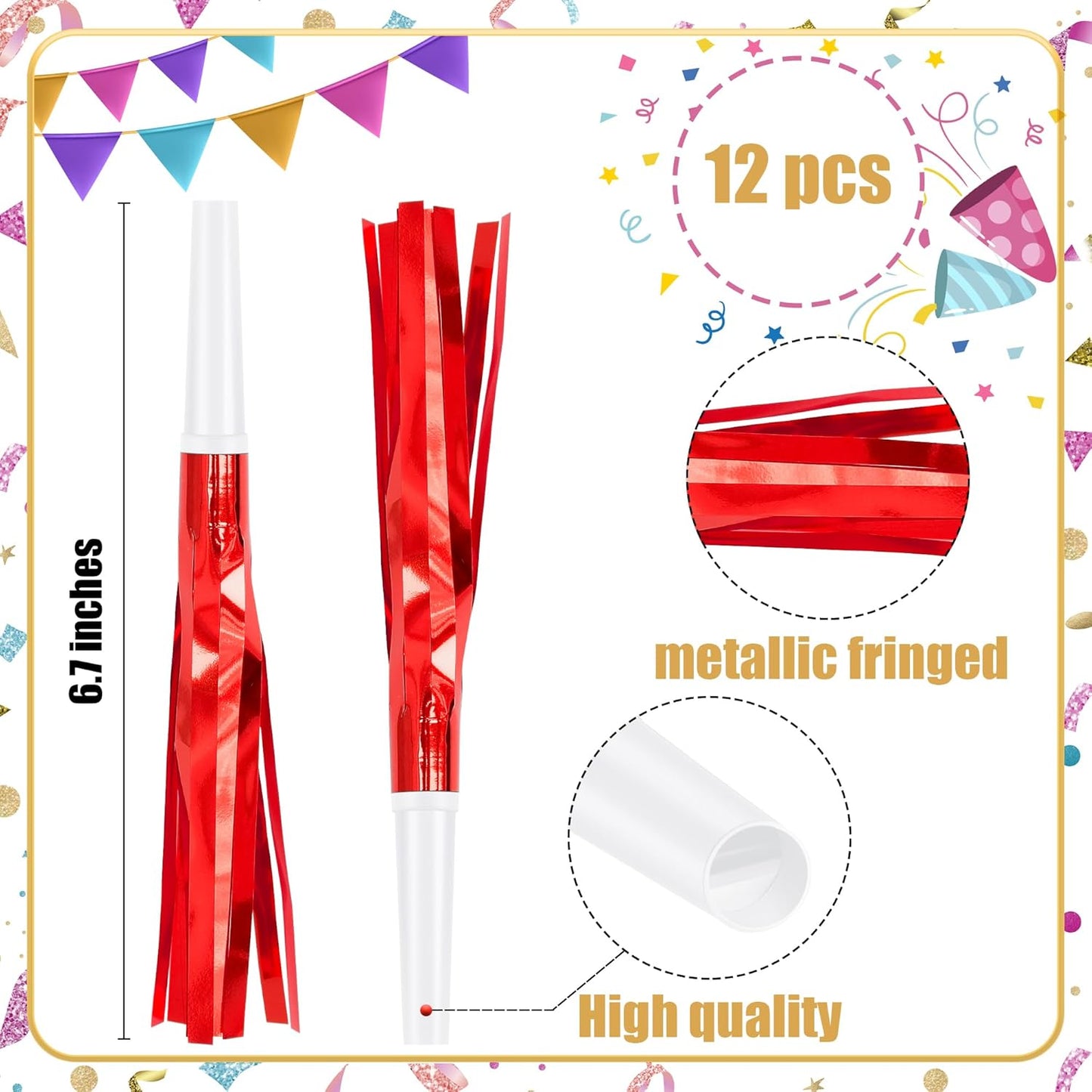 12 Pcs Glitter Noise Makers Metallic Fringed Party Blower for Adults Birthday Graduation New Years Party Favors Supplies (Colorful)