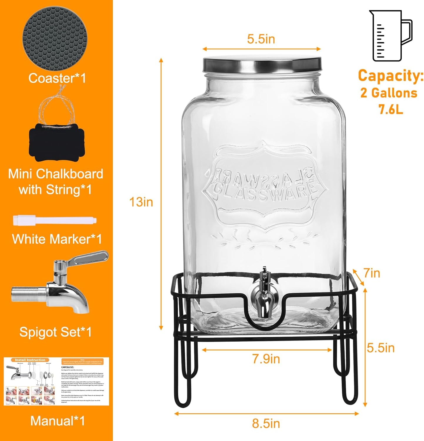 Bululuo Glass Drinks Dispenser for Parties, 2 PACK 1 Gallon Beverage Dispenser with Stand for Juice and Iced Tea, Water Jug Dispenser for Lemonade, Party Essential Beverage Pitcher with Spout