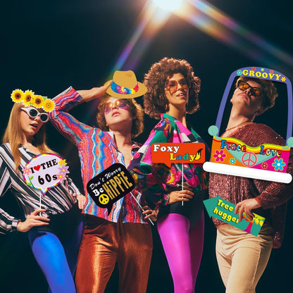 31pcs 60s Party Decorations, 30pcs 60's Photo Booth Prop with 1pcs 60 Hippie Bus Shaped Selfie Frame, Groovy Peace Love Themed Favor for 60's Hippie Birthday Party Favor Supplies