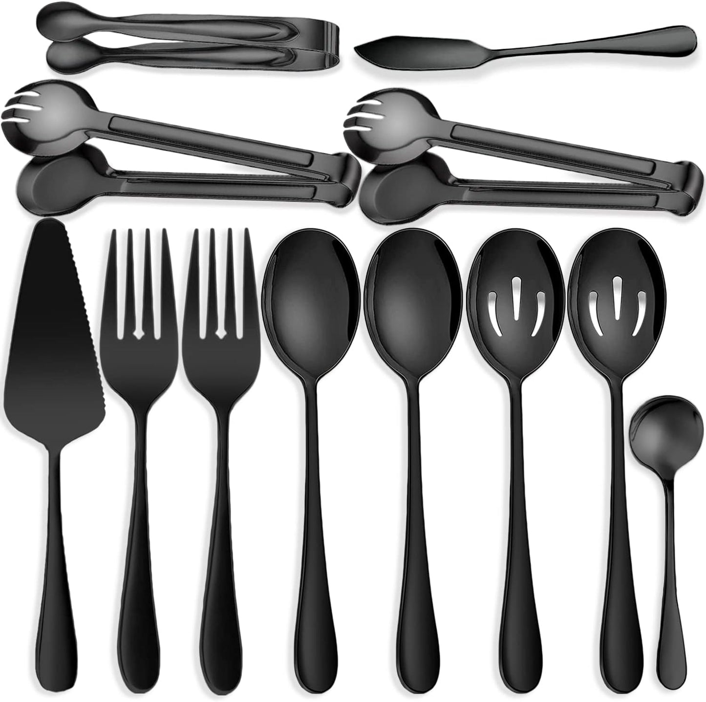 11 PCS Serving Utensils, Large Stainless Steel Spoons Forks Tongs, Pie Server, Great for Hostess Buffet Catering Banquet Party, Silver