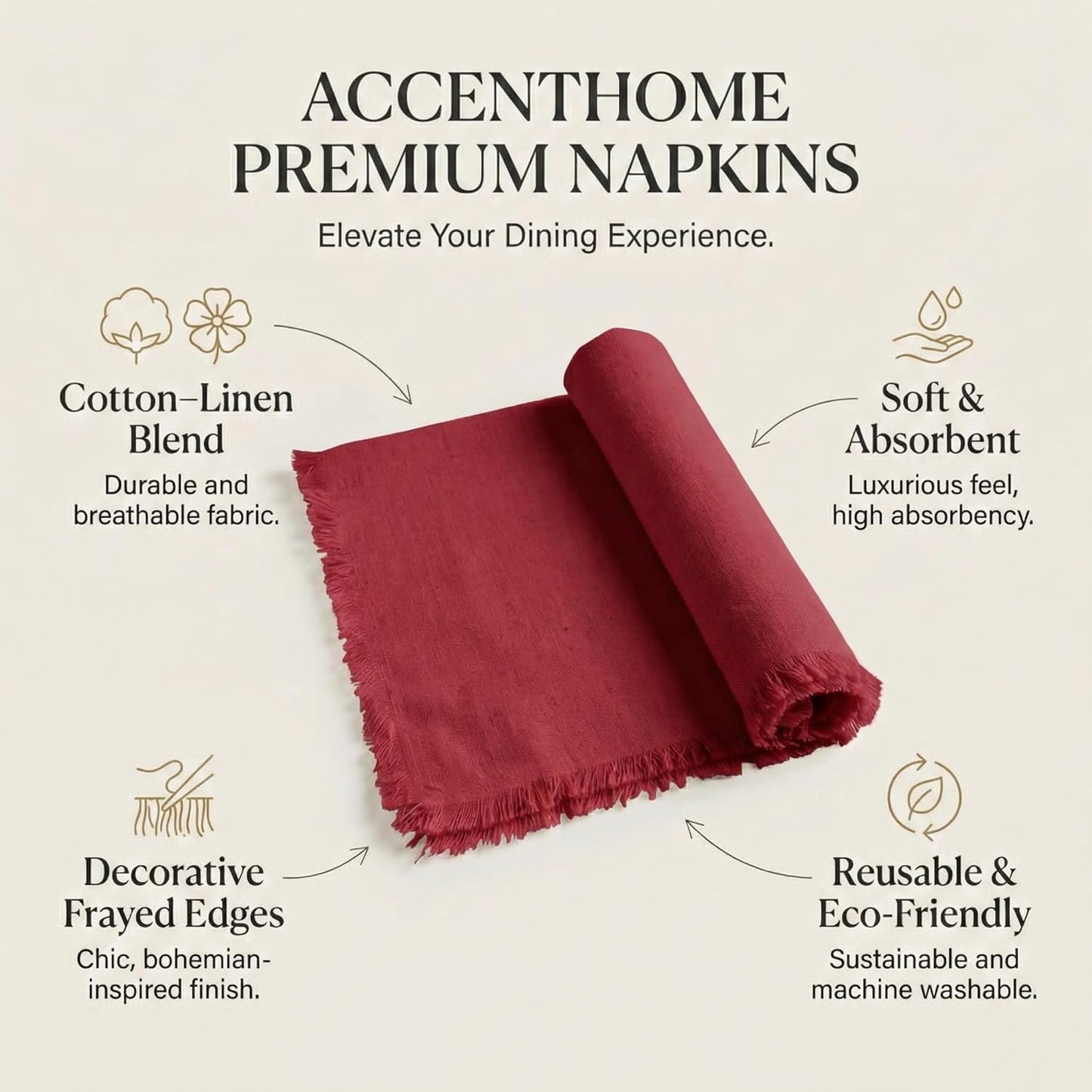 ACCENTHOME Natural Cotton Linen Napkin Set of 12 18x18 inch Dinner Napkins - Washable Soft Premium Hotel Quality Reusable Hemmed Edges Napkins Perfect Table Linens for Family Dinners, Weddings