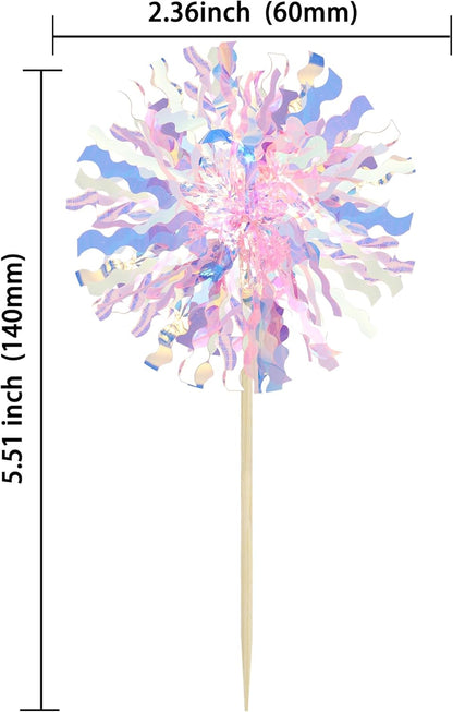 Ephlyn 30Pcs Foil Firework Cupcake Toppers Sparkle Tinsel Cupcake Picks Drink Stirrers Cocktail Food Fruit Toothpicks for Baby Shower Graduation Party Supplies White