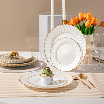 Lullaby 60PCS Ivory Scalloped Plastic Plates with Gold Rim, Disposable Elegant Plates Include 30pcs Dinner Plate 10.25", 30pcs Plastic Dessert Plate 7.5", Perfect for Wedding and Party