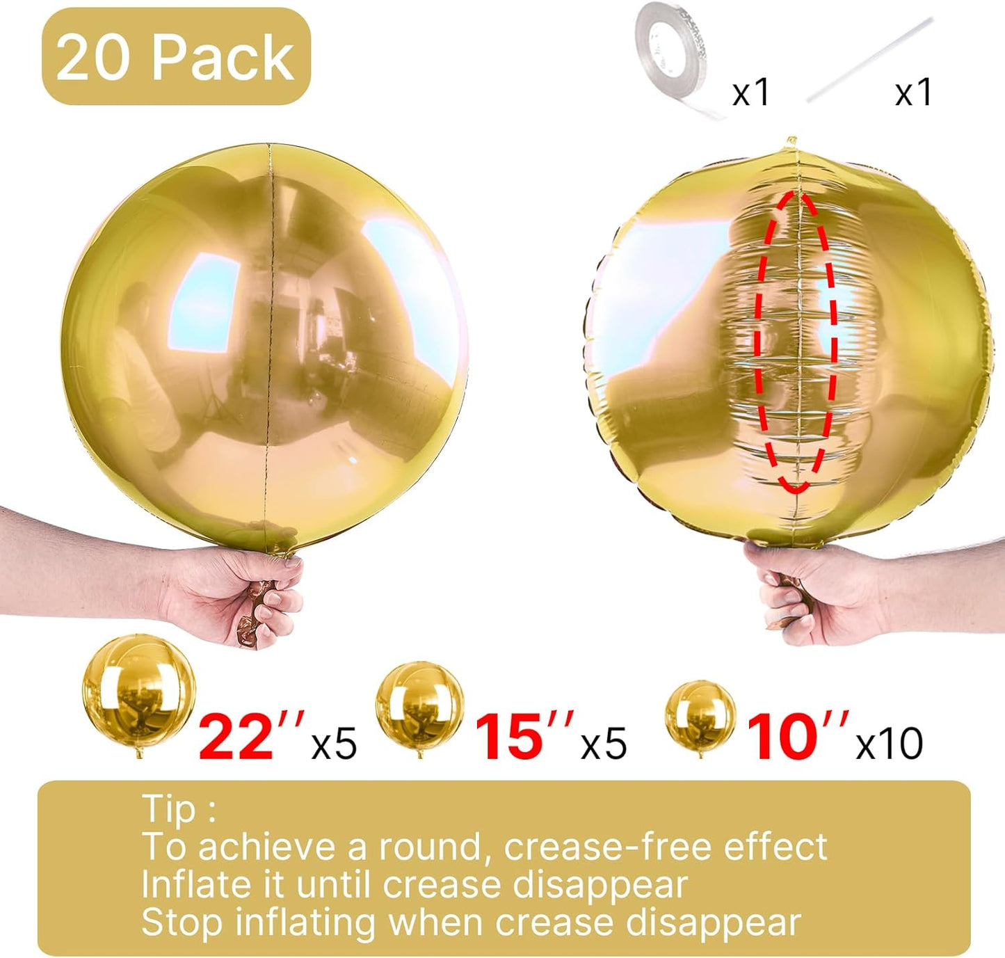 PartyWoo Metallic Gold Foil Balloons 20pcs Different Sizes Pack of 22 15 10 Inch Large Round Foil 4D Inflatable Mirror Ball Mylar Balloons for Graduation Birthday Baby Shower Party Decorations