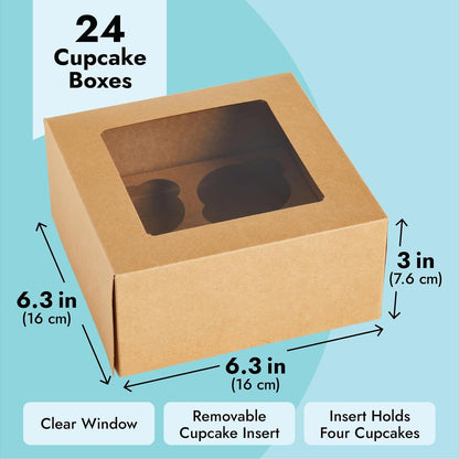 Juvale Cupcake Boxes - 6 x 6 in, 24 Count, Brown - 4-Cup Insert & Clear Window Cupcake Containers & Muffin Boxes