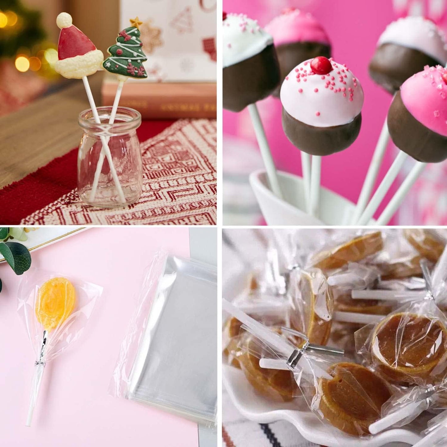 300PCS Lollipop Cake Pop Treat Bag Set Including 100pcs Parcel Bags, Papery Treat Sticks, Gold Metallic Twist Ties for Making Candies, Chocolates and Cookies