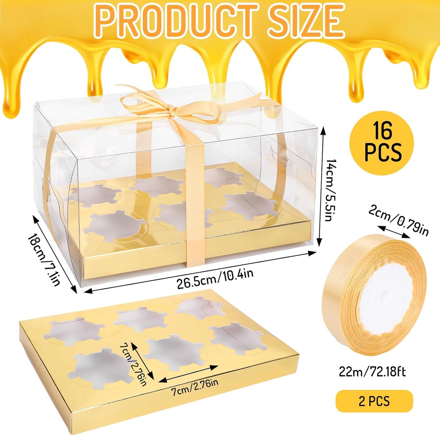 Whaline 16 Sets Clear Cupcake Boxes 6 Count Rectangle Bakery Cake Containers with Gift Ribbon Plastic Cupcake Carrier Holder for Wedding Birthday Baby Shower Favors