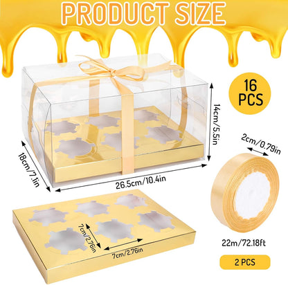 Whaline 16 Sets Clear Cupcake Boxes 6 Count Rectangle Bakery Cake Containers with Gift Ribbon Plastic Cupcake Carrier Holder for Wedding Birthday Baby Shower Favors