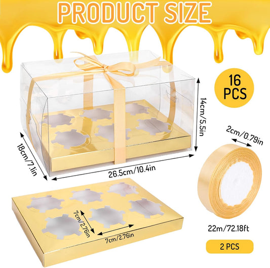 Whaline 16 Sets Clear Cupcake Boxes 6 Count Rectangle Bakery Cake Containers with Gift Ribbon Plastic Cupcake Carrier Holder for Wedding Birthday Baby Shower Favors