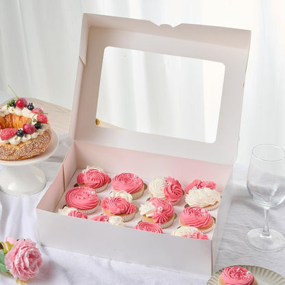 ZORRITA 12 Count Cupcake Boxes, 4 Pack Auto-Popup White Cupcake Containers with Window and Inserts Cupcake Carrier with Holders to Fit Dozen Cupcakes and Muffins