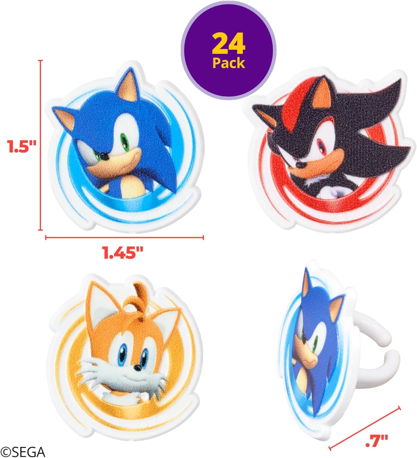 DecoPac Sonic the Hedgehog Rings, Cupcake Decorations Featuring Sonic, Tails, and Shadow - 24 Pack
