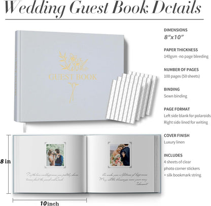 Wedding Guest Book for Memorial Service with 216 Photo Corners Stickers, Linen Guestbook to Sign at Bridal Shower or Wedding Reception Party,100 Pages, Blank Thick Paper Books for Baby Shower- Sage