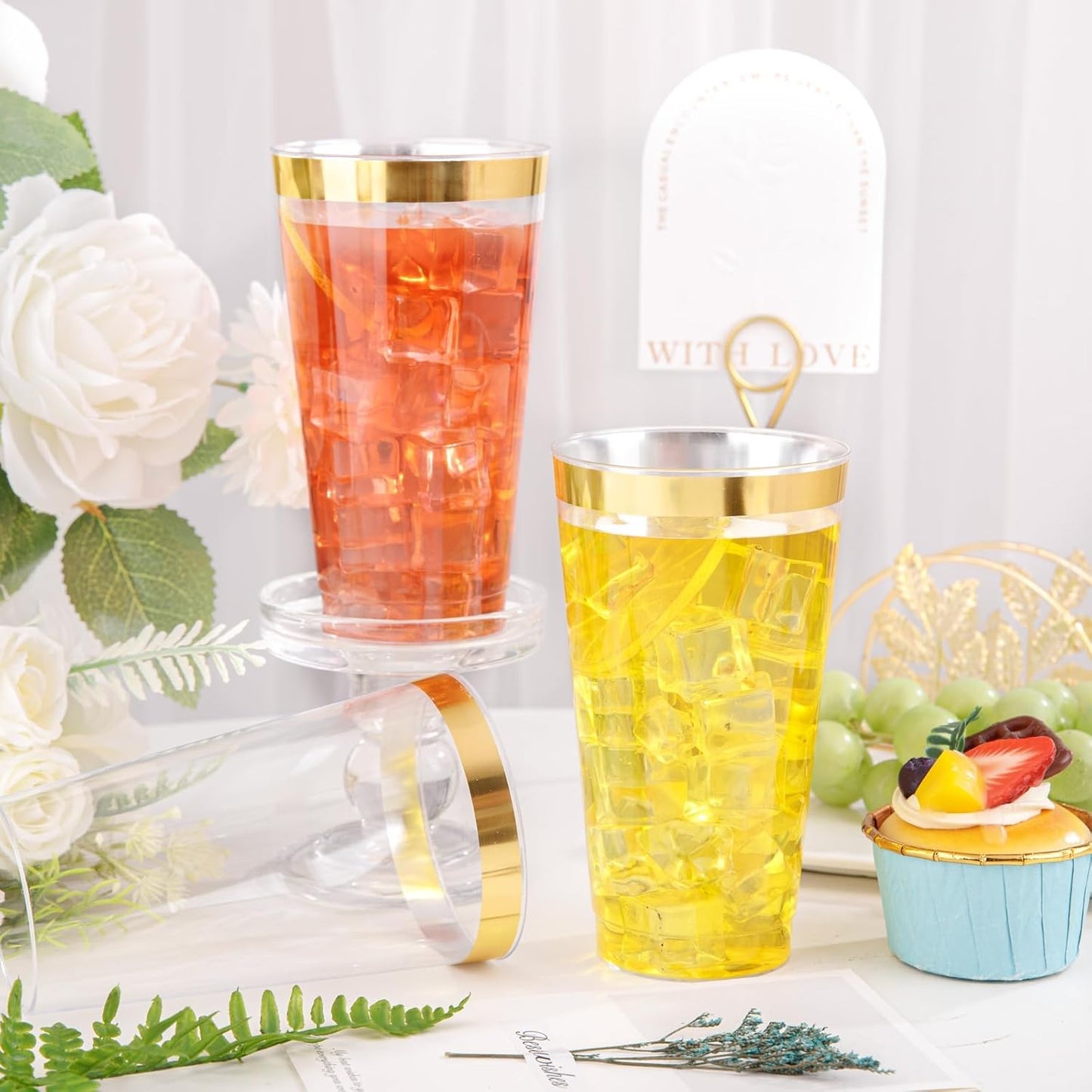 I00000 100 Pack 12 oz Gold Plastic Cups, Gold Rimmed Disposable Cups, Disposable Wine Glasses Cocktail Glasses Premium Cup with Golden Rim, 12 Ounce Plastic Tumblers for Party & Wedding