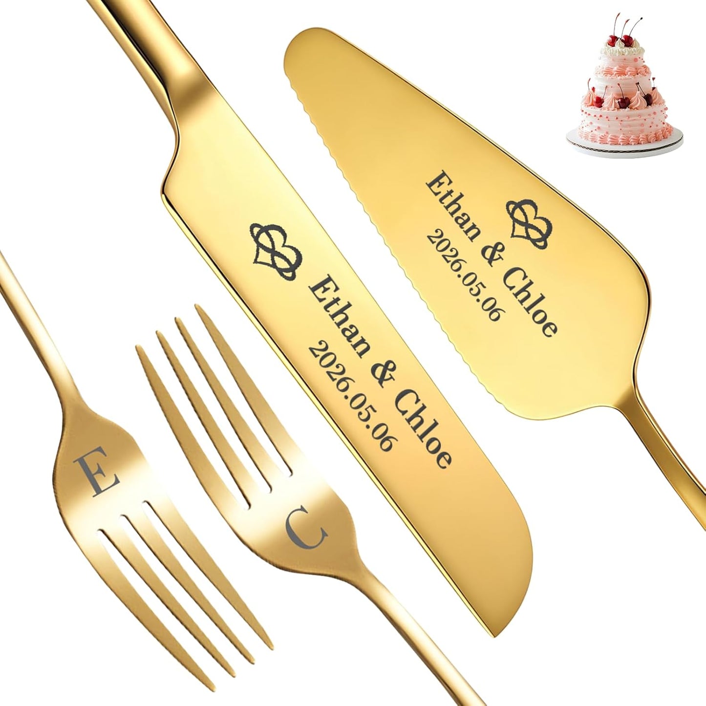 Custom Wedding Cake Cutting Set, Engraved Knife & Server with Names, Ideal Wedding Gift for Couples Bridal Showers Anniversaries (Gold)