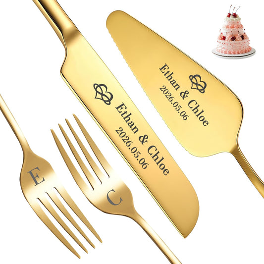 Custom Wedding Cake Cutting Set, Engraved Knife & Server with Names, Ideal Wedding Gift for Couples Bridal Showers Anniversaries (Gold)