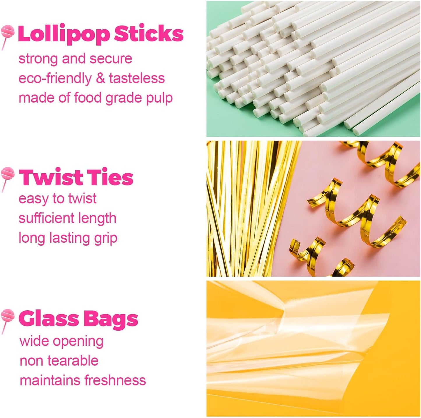300Pcs Lollipop Sticks and Wrappers Kit, 100Pcs 6IN Cake Pop Stick, 100pcs Clear Candy Treat Bags Parcel, 100pcs Gold Twist Ties for Lollipops, Candies, Chocolates Cookies