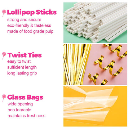600Pcs Lollipop Stick, 6IN Cake Pop Sticks with Clear Treat Bags & Gold Twist Ties, Cake Pops Making Tools for Lollipops, Candies, Chocolates Cookies