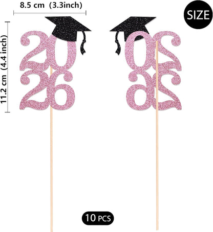 Class of 2026 Graduation Centerpieces, 10 Pcs Gold Glitter 2026 Centerpieces with Graduation Cap, Congrats Grad Party Decorations for Cake, Dessert & Centerpieces