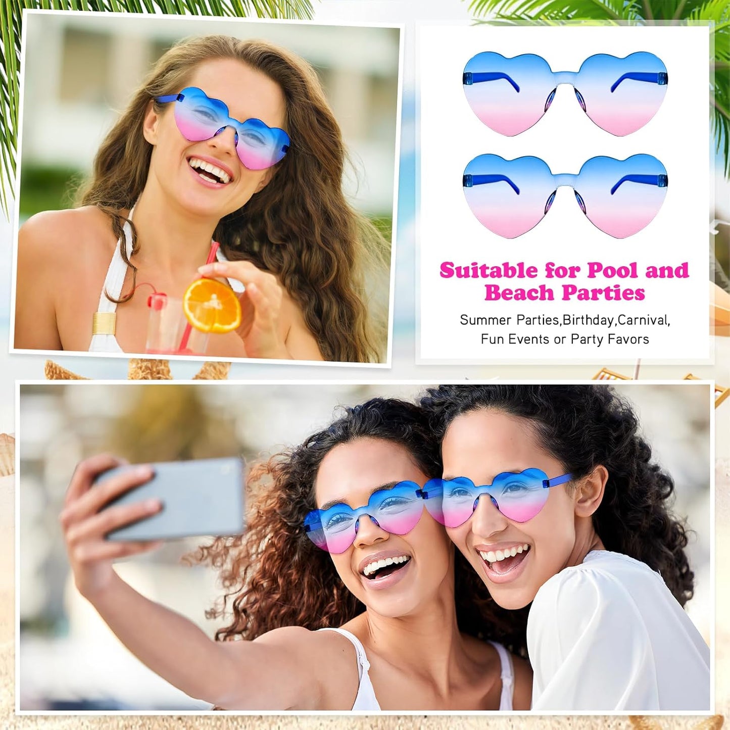 Matcheck 16 Heart Shaped Rimless Sunglasses Transparent Candy Colored Glasses Frameless Party Eyewear for Women
