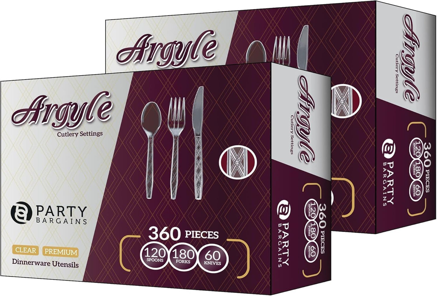 Party Bargains Disposable Cutlery set, SAPPHIRE Design, Clear Color, 360 Pieces: 180 Forks, 120 Spoons, 60 Knives