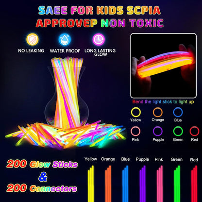 HONLYNE 100 Pack Glow Sticks Party Favors Bulk, 8" Glow in the Dark Party Supplies, Party Favors for Kids 8-12, Neon Glow Stick Bracelets & Necklaces for Raves, Halloween, Christmas, Birthdays