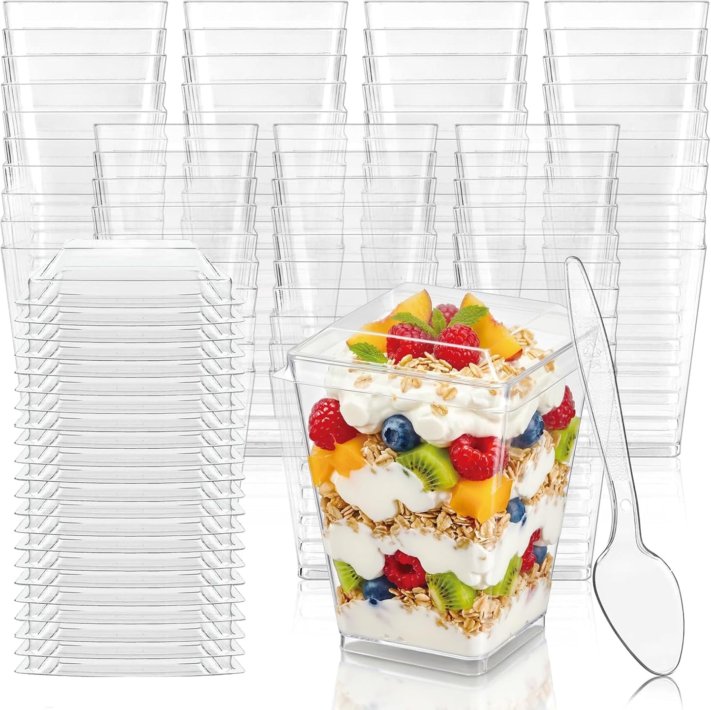Hiasobre 50Pack 5oz Plastic Dessert Cups with Lids and Spoons, Reusable Clear Parfait Appetizer Cups, Square Party Shooter Serving Cup, Mini Dessert Shot Glasses for Tasting