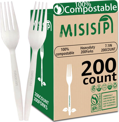 MISISIPI 150-Count Compostable Utensils Set - Heavy Duty BPI Certified, Plastic-Free Disposable Forks, Spoons, Knives for BBQ, Camping, Events, Plant-Based Cutlery