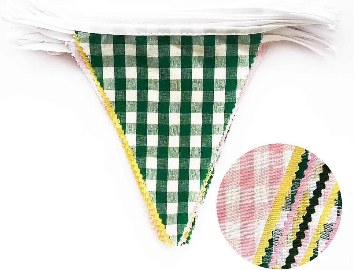 32Ft Dusty Blue Party Decorations Retro Blue Gingham Triangle Banner Flag Pennant Fabric Garland Streamers for Nautical Wedding Birthday Ahoy Achor Bridal Baby Shower Under The Sea Decor Supplies