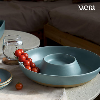 Mora Ceramic Chips and Dip Serving Tray: Large Divided Party Bowl Set for Chips & Salsa, Veggies & Dip, Fruit, Snacks, Entertaining, Hosting, etc. Minimalist Design for the Modern Hostess - White