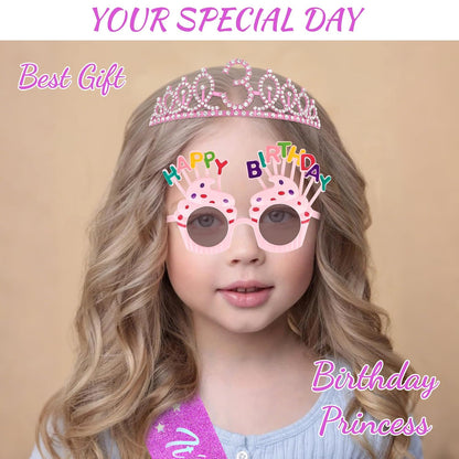 YARIEW 3rd Birthday Decorations, 3rd Glitter Purple Sash and Crown Kit with Happy Birthday Sunglasses, Tiara Princess Crown and Sash Party Outfit Accessory